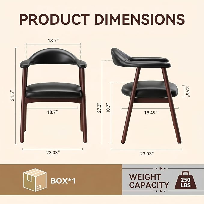 MALOL Leather Dining Chair with Armrest Set of 2, Upholstered Dining Room Chair with Curved Back and Wood Legs, Mid Century Modern Kitchen Chairs for Kitchen Dining Room,Black