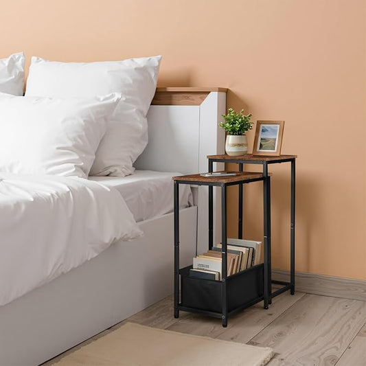 Nesting Nesting End Tables Set of 2, Stacking Side Table with Fabric Storage Basket, Small Nightstand for Small Space, Living Room, Bedroom