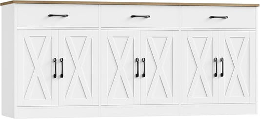HOSTACK 71" Large Sideboard Buffet Cabinet with Storage, Farmhouse Coffee Bar Cabinet with 3 Drawers, Long Kitchen Buffet Table, Kitchen Sideboard Storage Cabinet for Dining Room, Living Room, White