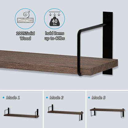 Floating Shelves, 24 Inches Easy to Install Wall Mounted Shelves, Set of 3, Rustic Wood Shelves for Wall Decor, Storage Shelves for Living Room (Brown)