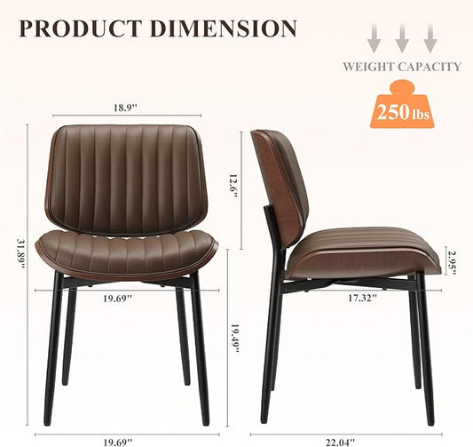 MALOL Leather Dining Chairs Set of 2, Modern Upholstered Dining Room Kitchen Chairs with Metal Legs and Wooden Back Support for Home Dining Room/Restaurant, Brown
