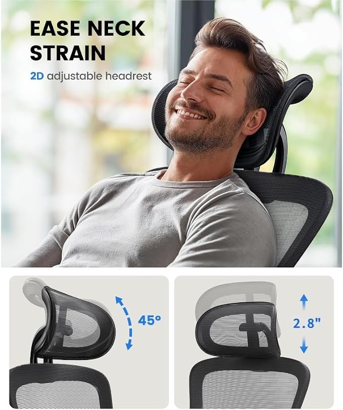 NOBLEWELL Ergonomic Office Chair with Padded Lumbar Support, 2D Headrest, Adjustable Armrests, Upgraded Contoured Seat Cushion, 130° Rocking Tilt, Computer Gaming Chair for Home Office