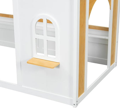 Twin Over Twin Bunk Bed with Storage Shelves,Window and Two Doors,for Kids Teens Adults Use (White+Natural-Window, Twin Over Twin)