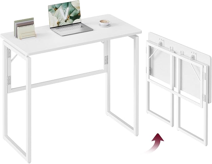 VASAGLE Folding Desk, Foldable Computer Desk, One-Piece Desktop, Rounded Edges, Small Folding Craft Table for Bedroom, Balcony, Camping, Easy Assembly, 31.5 x 15.7 Inches, Matte White ULWD151WF01