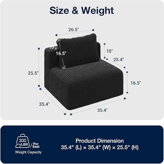 Avenco 35.4” Armless Modular Sofa Seat, Individually Wrapped Coil Support & Corduroy Fabric, Zero Assembly for Custom Sectional, Black