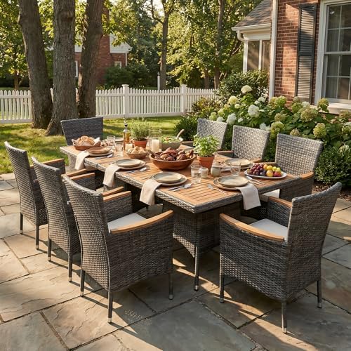 10-Pieces Ratton Patio Table and Chairs with Acacia Tabletop, Grey