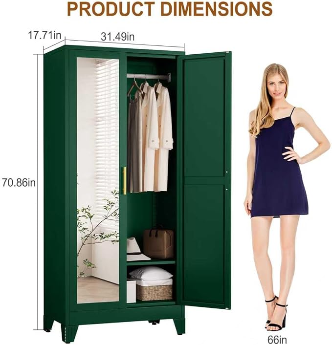 Metal Armoire Wardrobe Closet Storage Cabinet with Mirror Green, 71'' Wardrobe Cabinet with Hanging Rod Metal Closet with 2 Adjustable Shelves for Bedroom, Laundry Room, Cloak Room