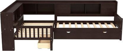 Bellemave L Shaped Corner Bed for 2 Kids, Double Twin Platform BedFrame with Trundle and Shelves, Espresso