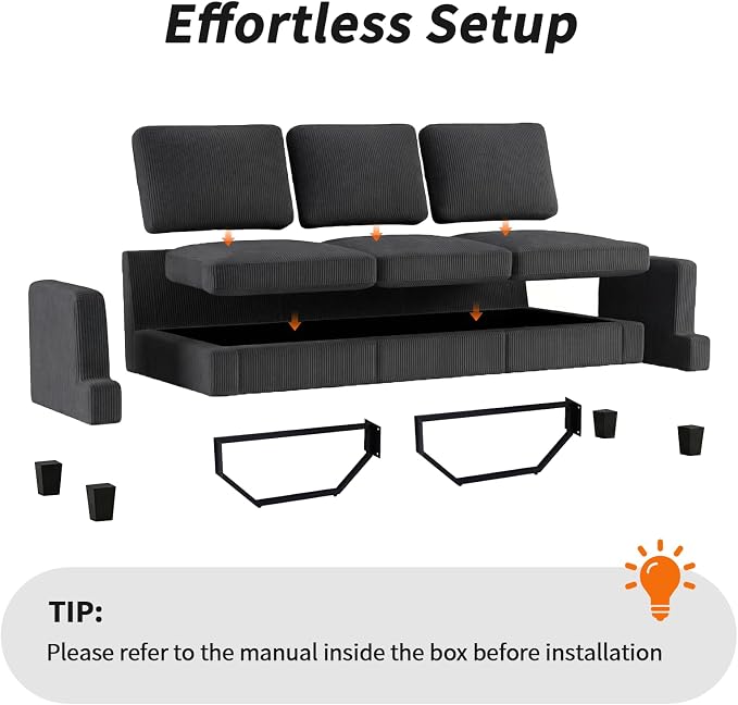 Modern 3 Seater Sofa for Living Room with Soft Deep Seats, Sofa 3 Seater in Linen, Upholstered Apartment Sofa with Armrests, Comfy Cozy Sofas for Bedroom (Corduroy, Dark Gray)