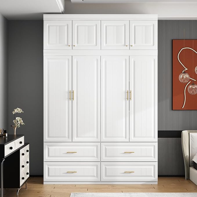 MOUMON 4 Door Wardrobe Closet with Drawers & Shelves, Armoire Closet with Hanging Rod, Wardrobe Cabinet with Gold Metal Handles, Top Cube Storage, White (63”W x 20.6”D x 94.7”H)