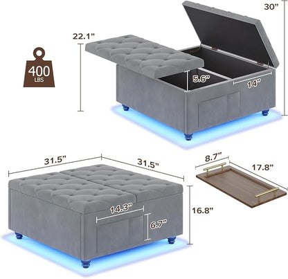 Dnxao Large Square Storage Ottoman with Lift Top,Tufted Velvet Ottoman Coffee Table with Charging Station and LED Lights,Multi-Functional Footrest with Storage Pockets & Tray for Living Room,Gray
