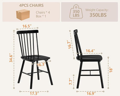 PrimeZone Windsor Dining Chairs Set of 4 - Solid Rubber Wood Farmhouse Kitchen Chair with Spindle Back, Mid-Century Modern Side Dining Chair for Dining Room, Kitchen & Restaurant, Black