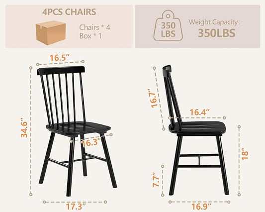PrimeZone Windsor Dining Chairs Set of 4 - Solid Rubber Wood Farmhouse Kitchen Chair with Spindle Back, Mid-Century Modern Side Dining Chair for Dining Room, Kitchen & Restaurant, Black