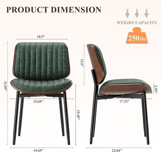 MALOL Leather Dining Chairs Set of 2, Modern Upholstered Dining Room Kitchen Chairs with Metal Legs and Wooden Back Support for Home Dining Room/Restaurant, Green
