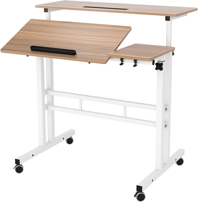 SogesHome 31.5 inches Adjustable Laptop Desk Table, Portable Computer Stand with Cart Tray and Computer Host Stand, Oak