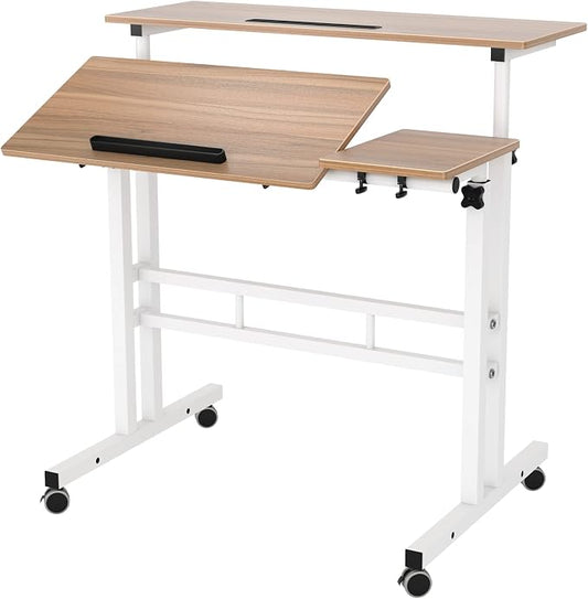 SogesHome 31.5 inches Adjustable Laptop Desk Table, Portable Computer Stand with Cart Tray and Computer Host Stand, Oak