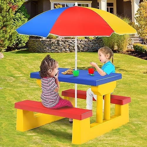 ARMILE Kids Picnic Table, Kids Indoor & Outdoor Table and Bench Set with Removable & Foldable Umbrella, Portable Toddler Plastic Picnic Table for Patio, Backyard, Ideal Gift for Boys Girls (Colorful)