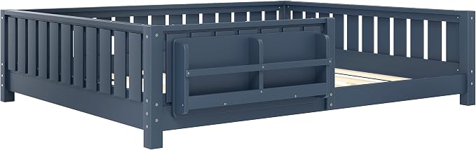 Bellemave Queen Size Floor Bed with Slats and Safety Guardrail, Queen Size Montessori Floor Bed with Fence and Built-in Bookshelf, Easy Assemble Montessori Beds for Girls, Boys, Blue