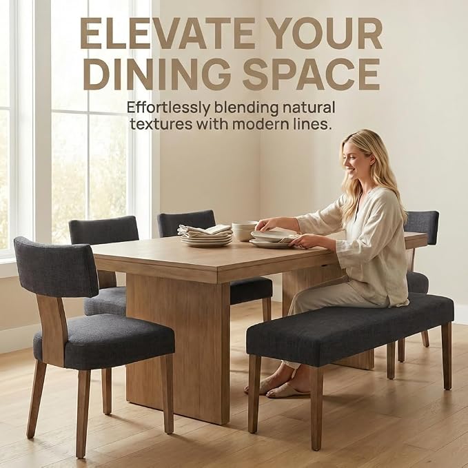 HNY Mid Century Modern Dining Chairs Set of 4, Farmhouse Linen Upholstered Accent Chair Curved Backrest Kitchen Chairs, with Hardwood Frame, Charcoal
