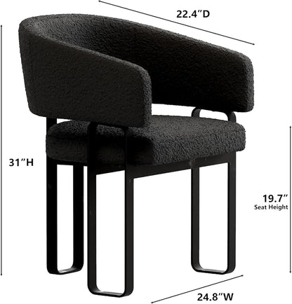 Modern Barrel Dining Chair, Black Boucle Kitchen Chair with U-Shaped Stainless Steel Legs, Armchair with Open Back for Living Room Bedroom Makeup Room