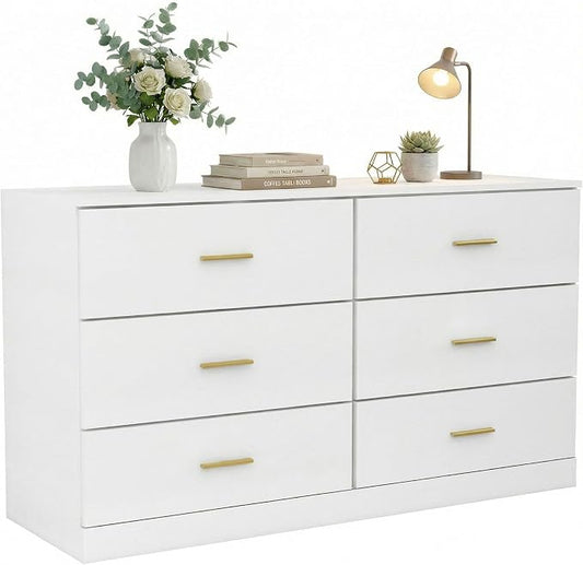 47" Modern White Dresser for Bedroom, 6-Drawer Wooden Chest of Drawers with Gold Handles,Wide Storage Cabinet for Living Room, Kid&Nursery Entryway