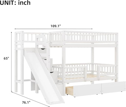 RUNNA Twin Over Twin Bunk Bed with Slide, Storage Drawers, White | Built for kids who play hard and parents who hate clutter. Sturdy wood, safety rails & easy-access drawers—one bed, zero mess
