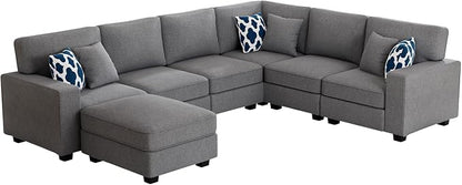 Legend Vansen Oversized Modular Sectional Sofa,U/L‑Shaped Reversible Couch with Ottoman,Deep Seat Plush Polyester Sofa for Living Room,7‑Seater,Dark Grey