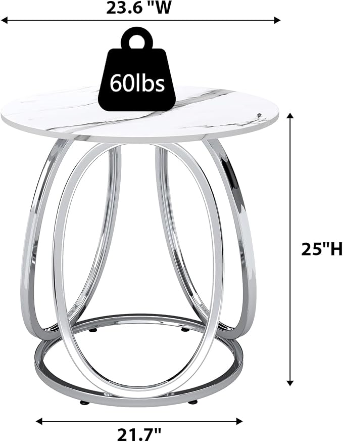 O&K FURNITURE Silver End Table, Round Side Table with Faux Marble Veins, Modern Nightstand for Bedroom, Living Room, Home Office, 1PC