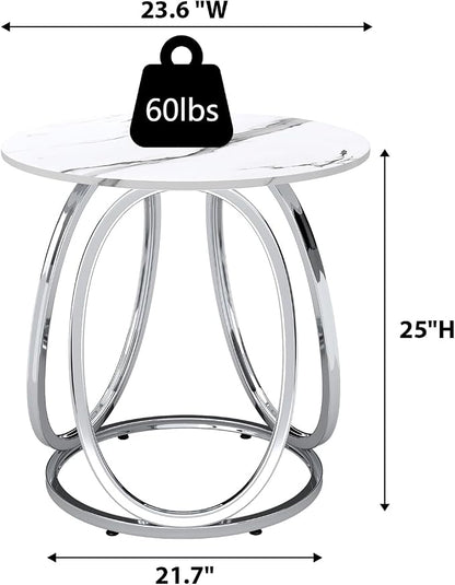 O&K FURNITURE Silver End Table, Round Side Table with Faux Marble Veins, Modern Nightstand for Bedroom, Living Room, Home Office, 1PC