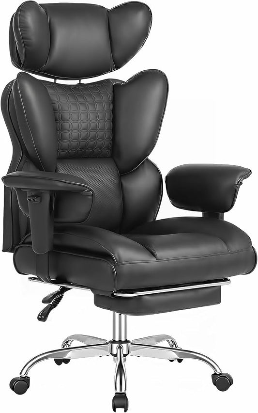 DUMOS Big and Tall Home Office Desk Chair, Ergonomic Executive Chair with Footrest, Computer Gaming Chairs with High Back Reclining, Adjustable Armrests and Comfy Lumbar Support, PU Leather, Black