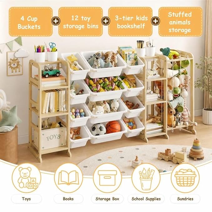 Toy Storage Organizer 4-in-1 Stuffed Animal Storage with 2 Bookshelf and 12 Plastic Bins - Toys Organizer for Kids Room - Wooden Toy Rack for Playroom, Bedroom, Nursery Decor