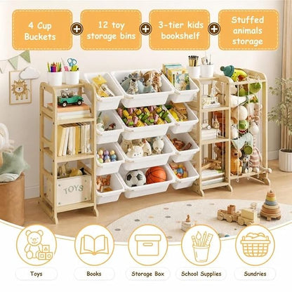 Toy Storage Organizer 4-in-1 Stuffed Animal Storage with 2 Bookshelf and 12 Plastic Bins - Toys Organizer for Kids Room - Wooden Toy Rack for Playroom, Bedroom, Nursery Decor