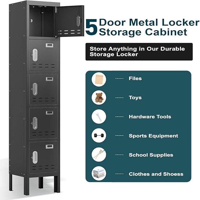 BUTISOW Metal Lockers - 66" Height Steel Lockers for Employees with 5 Door Storage Locker with Card Slot for Employees Gym School Home Office Garage - Assembly Required