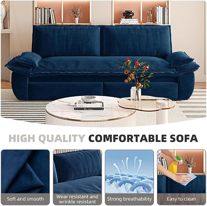 73.2" Sleeper Sofa Bed Queen Size, 3-in-1 Convertible Couch, Modern Pull Out Couches, Comfy Velvet Futon Sofa, Cloud Loveseat Lounge, Pillow Arm for Small Spaces, Living Room, Apartment, Blue