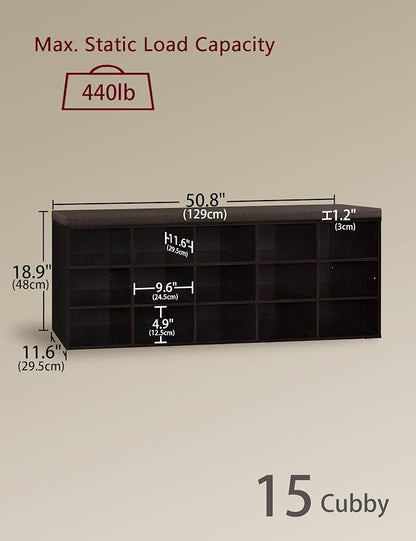 DINZI LVJ Shoe Storage Bench with Cushion, 15-Cubby Shoe Rack, Adjustable Shelves, Long Shoe Organizer Bench for Entryway, Mudroom, Hallway, Living Room, Bedroom and Garage, Espresso