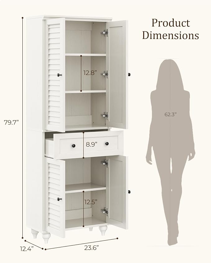 80" Tall Storage Cabinet with Louvered Doors and Adjustable Shelves, Farmhouse Kitchen Pantry Cabinet, Freestanding Storage for Dining Room, Living Room, Home Office, Bathroom, Rustic White