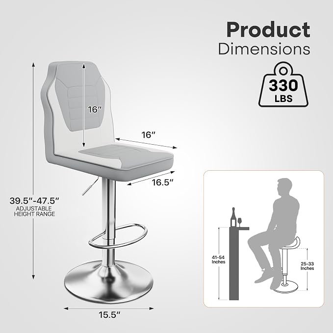 Racing Style Bar Stools Set of 2, Adjustable Counter Height Chairs with Faux Leather, 360° Swivel Bar Stools with Backs, Racing Seat Bar Stool Chairs, Gray/White