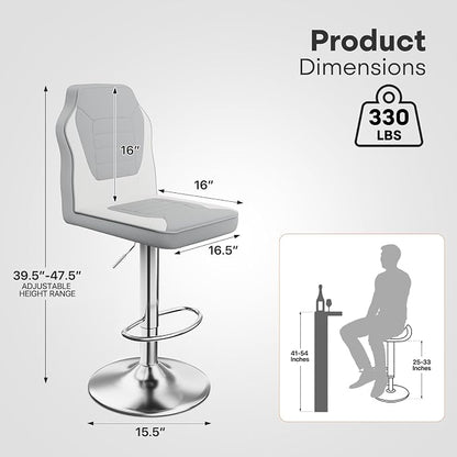 Racing Style Bar Stools Set of 2, Adjustable Counter Height Chairs with Faux Leather, 360° Swivel Bar Stools with Backs, Racing Seat Bar Stool Chairs, Gray/White