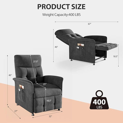 Power Recliner Chair for Adults with Heat & Massage - Soft Fabric Electric Reclining Sofa with Remote Control, 3 Side Pockets, 180° Lay Sleeper for Home Theater Living Room, Dark Grey