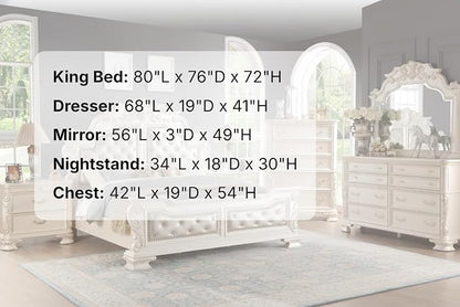 First of a Kind Victoria Off White Traditional 5 Piece King Bedroom Set with Upholstered Tufted Headboard Elegant European Inspired Design Coordinated Furniture Collection