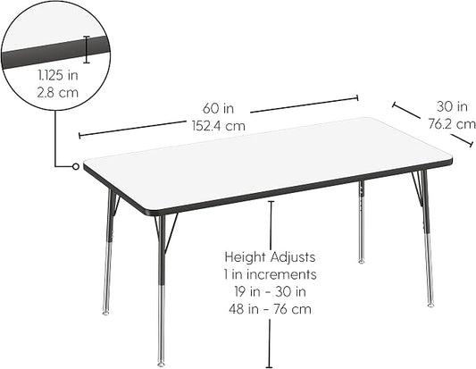 FDP Dry-Erase Rectangle Activity School and Office Table (30 x 60 inch), Standard Legs with Swivel Glides, Adjustable Height 19-30 inches; Quick Ship Single Box - Whiteboard Top and Black Edge