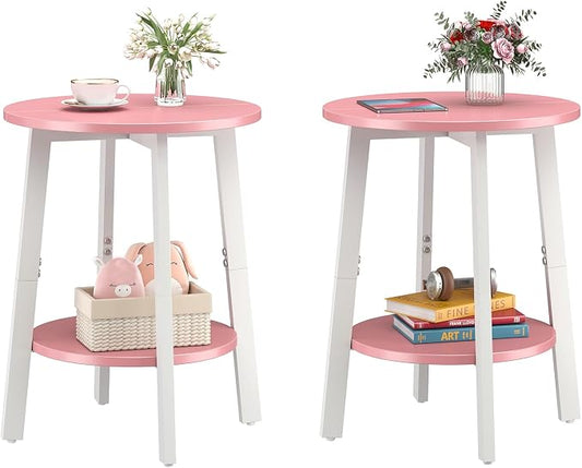 sthmec Side Table Set of 2, Small Round End Table with Storage Shelf for Small Space, 2-Tier Bedside Table Sofa Couch Table, Nighstands Set of 2 Accent Table for Living Room, Bedroom, Pink