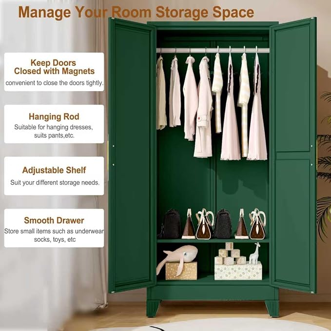 Metal Armoire Wardrobe Closet Storage Cabinet with Mirror Green, 71'' Wardrobe Cabinet with Hanging Rod Metal Closet with 2 Adjustable Shelves for Bedroom, Laundry Room, Cloak Room