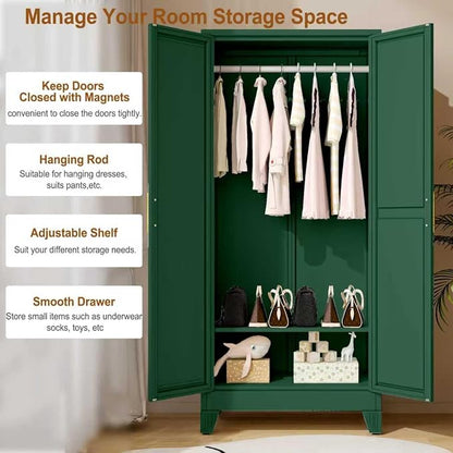 Metal Armoire Wardrobe Closet Storage Cabinet with Mirror Green, 71'' Wardrobe Cabinet with Hanging Rod Metal Closet with 2 Adjustable Shelves for Bedroom, Laundry Room, Cloak Room