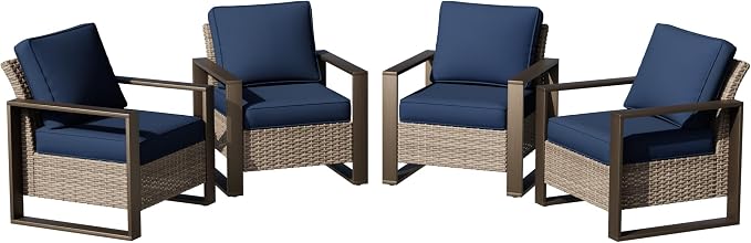 Joyside Outdoor Patio Chairs Set, 4 Pieces Wicker Rattan Chairs with Metal Wide Armrest, Thick Cushions and Deep Seating for Garden, Backyard, Porch, Deck