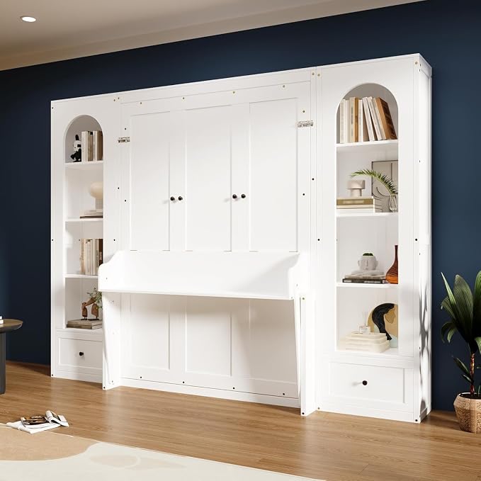 MERITLINE Queen Murphy Bed with Desk and Storage Shelves & LED Light, Solid Wood Hideaway Murphy Wall Bed with Storage Bookcase Shelves and Drawers for Adults (White) (Queen,White W/Led)