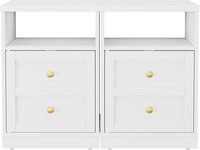 RoyalCraft White Nightstand Set of 2, End Table with Storage Shelf and Door, Faux Two-Drawer Design Side Table, Modern Night Stand for Bedroom Dorm, Wood Beside Table for Small Spaces