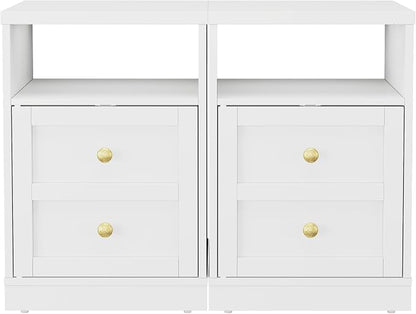 RoyalCraft White Nightstand Set of 2, End Table with Storage Shelf and Door, Faux Two-Drawer Design Side Table, Modern Night Stand for Bedroom Dorm, Wood Beside Table for Small Spaces