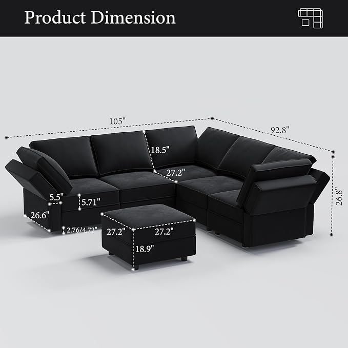 Vesgantti Sectional Couches with Storage Seats, 92" V Shaped Convertible Modular Sectional Sofa, 5 Seat & 1 Ottoman Velvet Storage Chaises Deep Seat Couch for Living Room, Bedroom, Apartment, Black