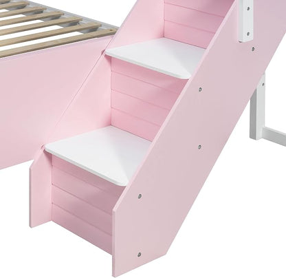 Wood Bunk Bed Full XL Over Queen with Staircase and Side Shelves | Light Strip Included, Striped-Design Stairs, Kids Teens Adults, Space-Saving Design, Versatile Bed Frame